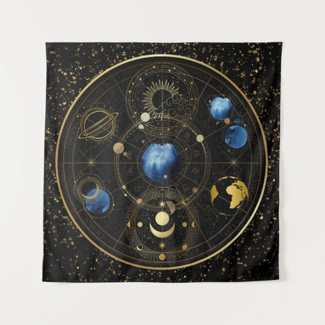 Black Velvet Gold Celestial Astrology Tapestry (Front)