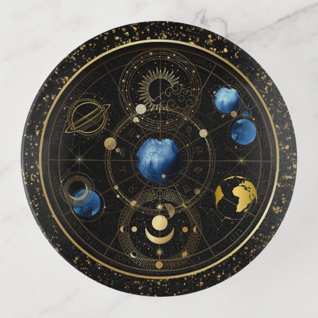 Black Velvet Gold Celestial Astrology Trinket Tray (Front)