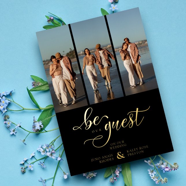 Black Vertical 3 Photos Collage Handwritten Fancy Foil Invitation (Creator Uploaded)