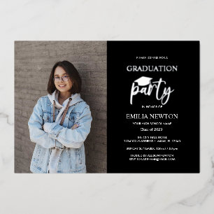 Black Vertical Photo Graduation CAP Script Foil Invitation