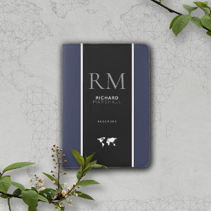 black vertical stripe monogrammed on dark-blue passport holder