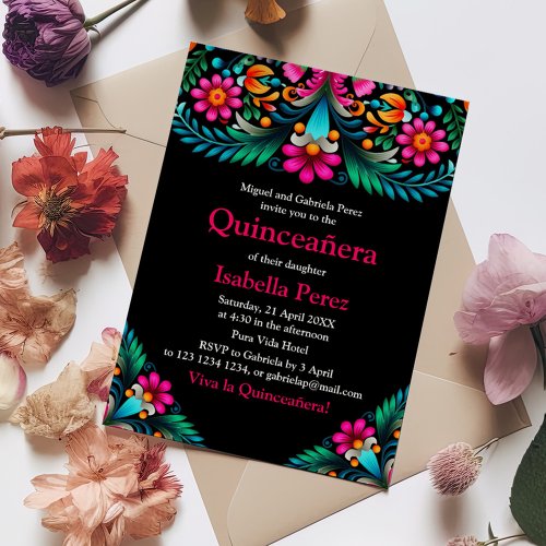 Black Vibrant Floral Quinceanera Mexican Fiesta Invitation