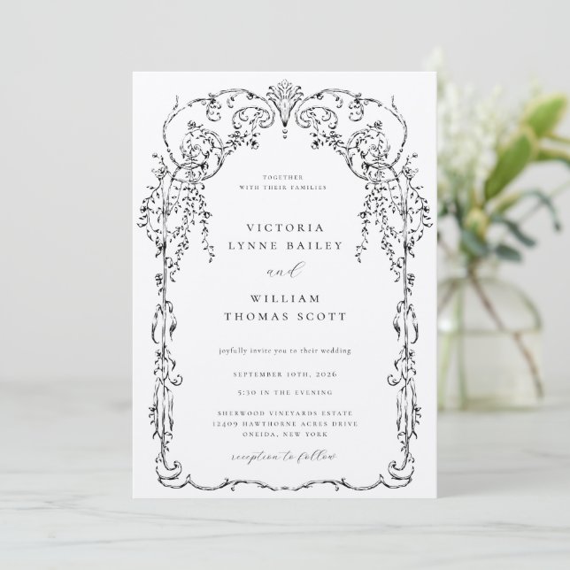 Black Victorian Frame Wedding Invitation (Standing Front)
