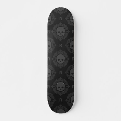 Black Victorian Gothic Skull  Monogram Elegant Skateboard