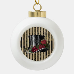 Black Victorian Hat on Black Gold Damask Stripes Ceramic Ball Christmas Ornament