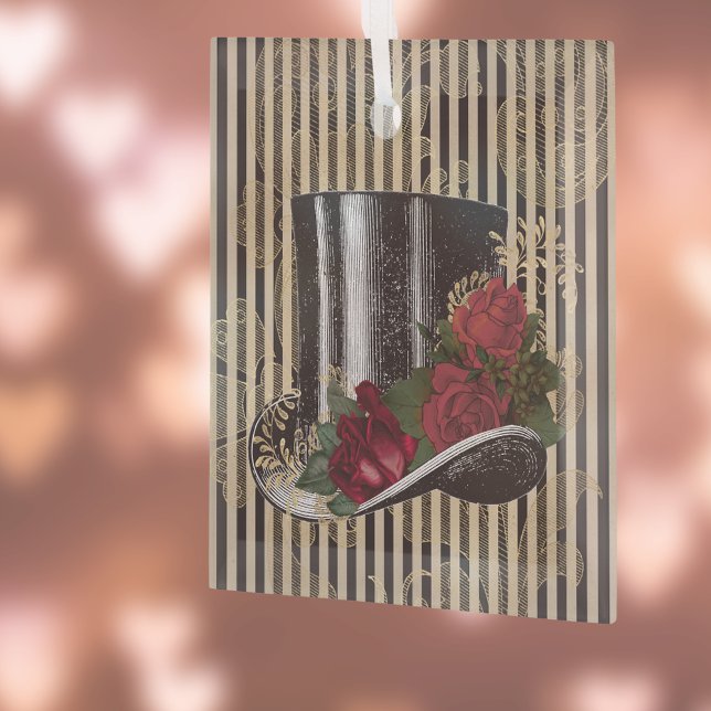 Black Victorian Hat on Black Gold Damask Stripes Glass Ornament (Creator Uploaded)