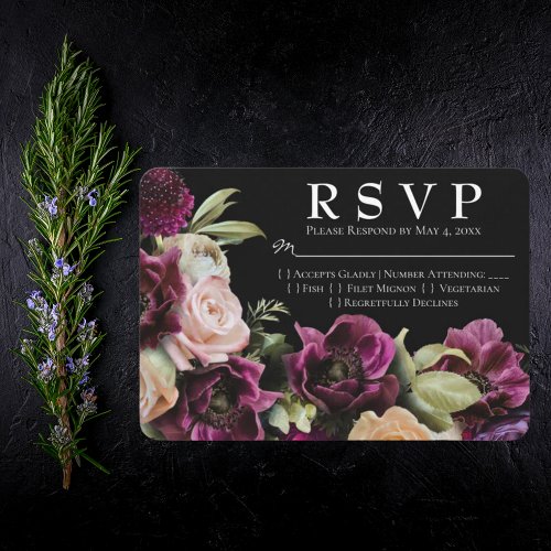 Black Victorian Purple Vintage Floral Wedding RSVP