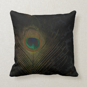 Black Victorian Wallpaper and Peacock Throw Pillow