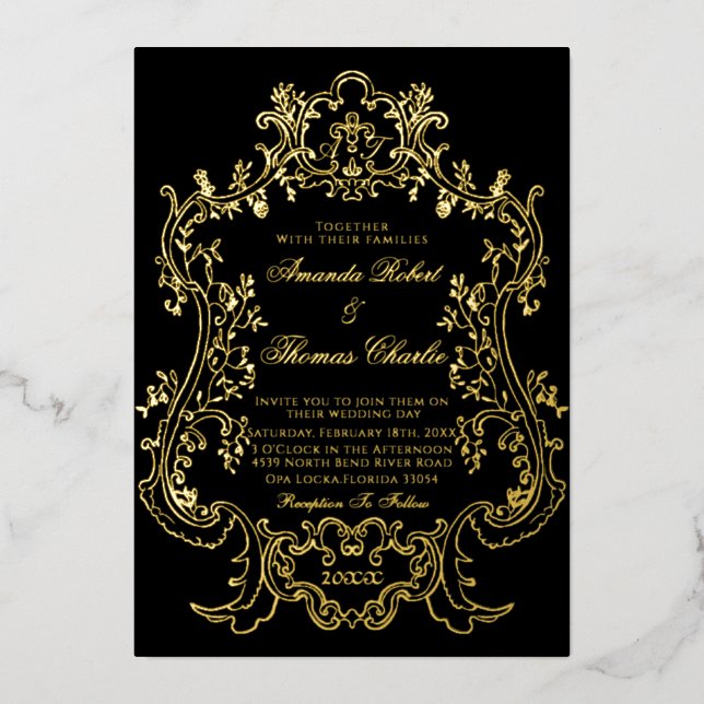Black Victorian White and Gold Wedding Invitation Foil Invitation (Front)