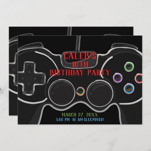 Black Video Game Controller Birthday Party Invitation