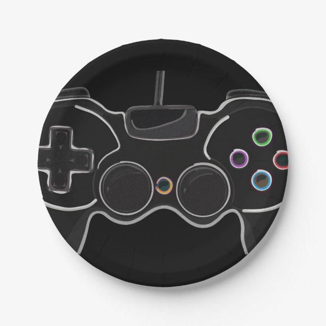Black Video Game Controller Gamer Birthday Party Paper Plates (Front)