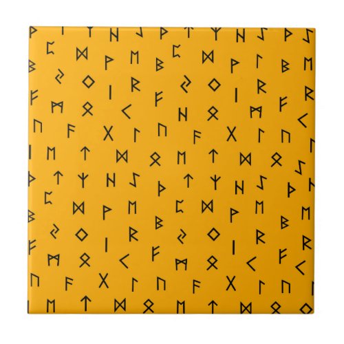 Black Viking Runes on Mustard Yellow Background Ceramic Tile