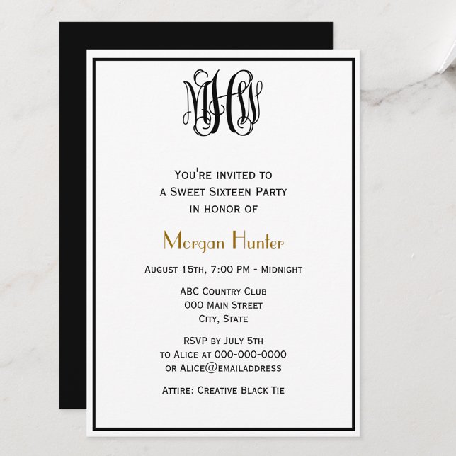 Black Vine Script Monogram B&G DIY BG Sweet 16 Invitation (Creator Uploaded)