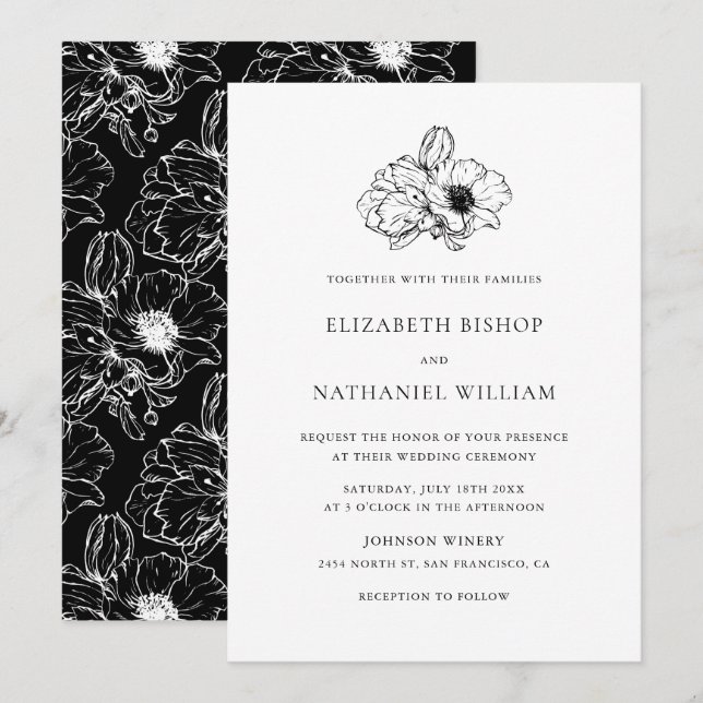 Black Vintage Anemones Floral Wedding Invitation (Front/Back)