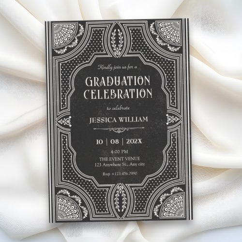 Black vintage art deco graduation invitation