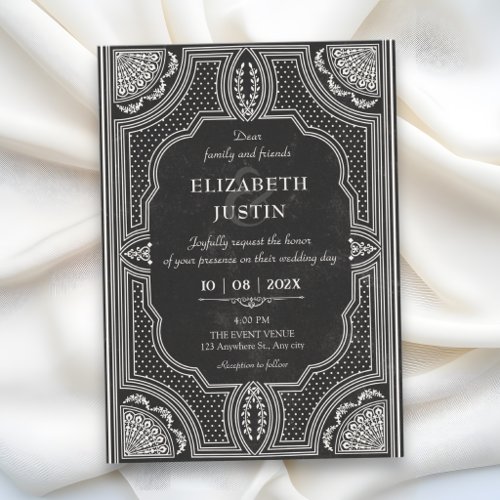 Black vintage art deco wedding  invitation
