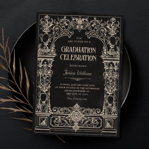 Black Vintage baroque gothic arch graduation Invitation