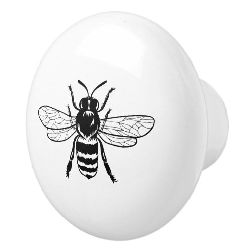 Black  Vintage Bee Illustration Ceramic Knob