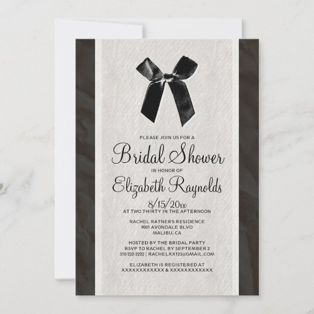 Black Vintage Bow Linen Bridal Shower Invitations (Front)