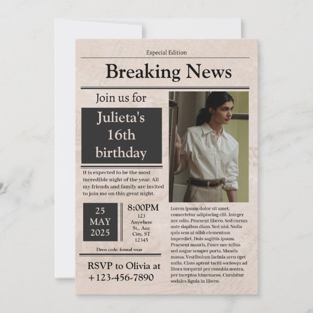 Black Vintage Breaking News formal classic  Invitation (Front)