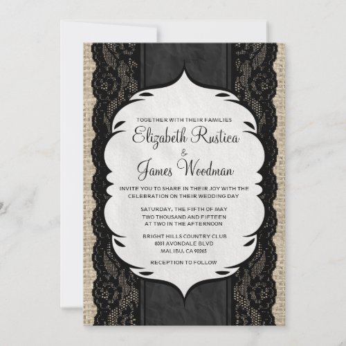Black Vintage Burlap &amp; Lace Wedding Invitations