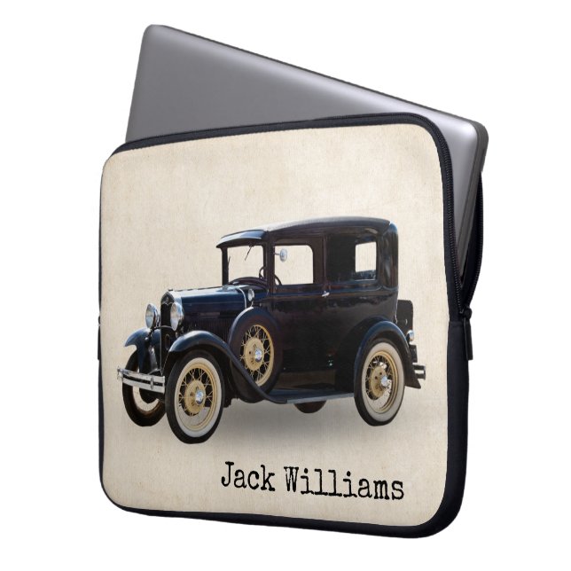 Black Vintage Car  Laptop Sleeve (Front Left)