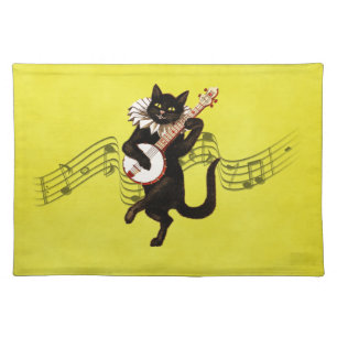 Black Vintage Cat Playing Banjo on Music Notes Cloth Placemat
