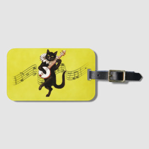 Black Vintage Cat Playing Banjo on Music Notes Luggage Tag