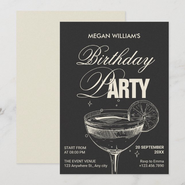 Black vintage cocktail birthday party invitation (Front/Back)