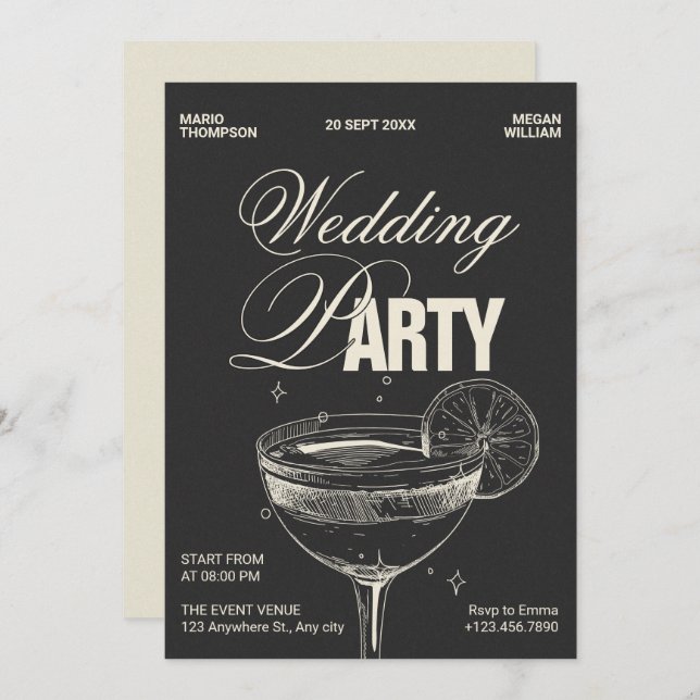 Black vintage cocktail wedding party invitation (Front/Back)