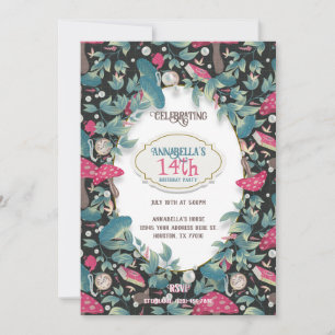 Black Vintage Cottagecore Mushroom Birthday Invitation
