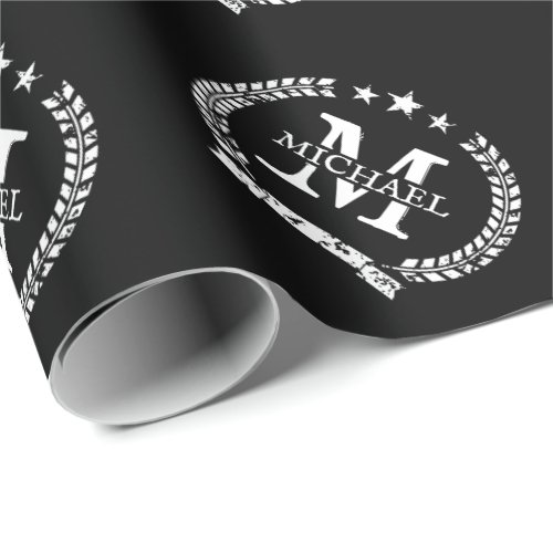 Black vintage crest custom name monogram Christmas Wrapping Paper