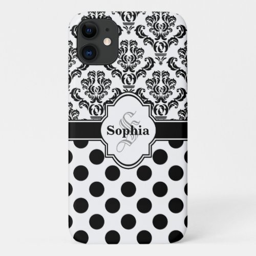 Black Vintage Damask Cute Polka Dots i iPhone 11 Case