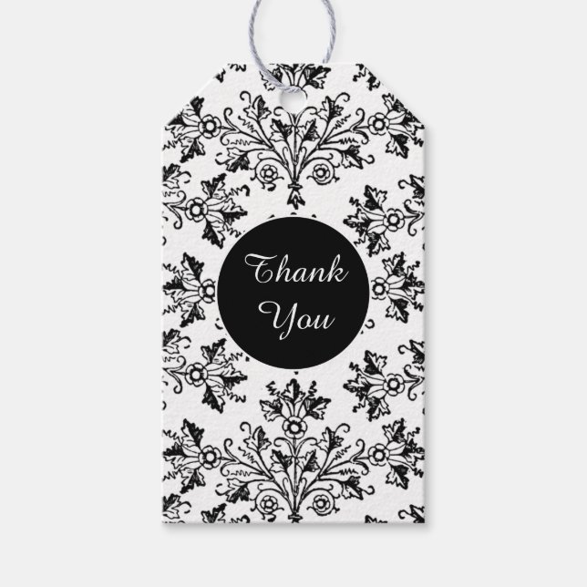Black Vintage Damask Pattern Custom Thank You Tag (Front)