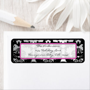 Black Vintage Damask Pink & Silver Address Label