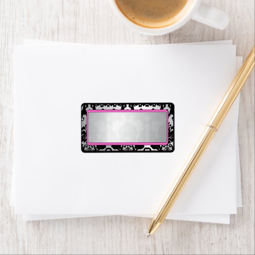 Black Vintage Damask Pink  Silver Address Label