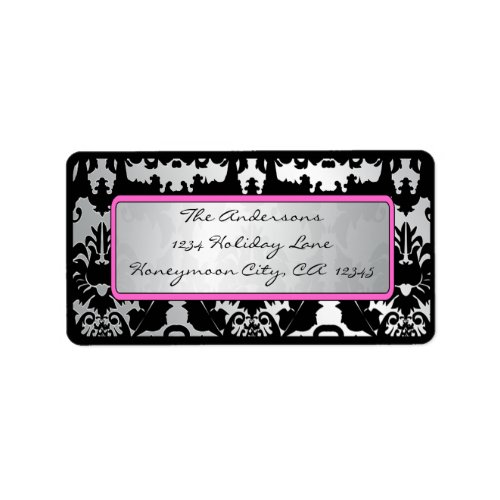 Black Vintage Damask Pink  Silver Address Label