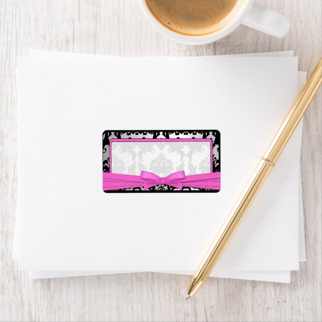 Black Vintage Damask Pink & Silver Address Label (Insitu)