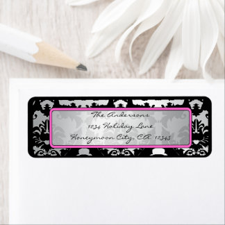 Black Vintage Damask Pink & Silver Address Label