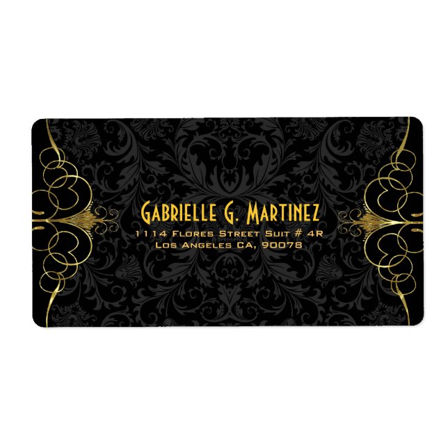 Black Vintage Damasks & Gold Ornate Frame Label (Front)