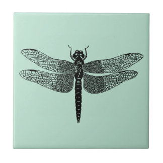 Black Vintage Dragonfly Nature Art Ceramic Tile