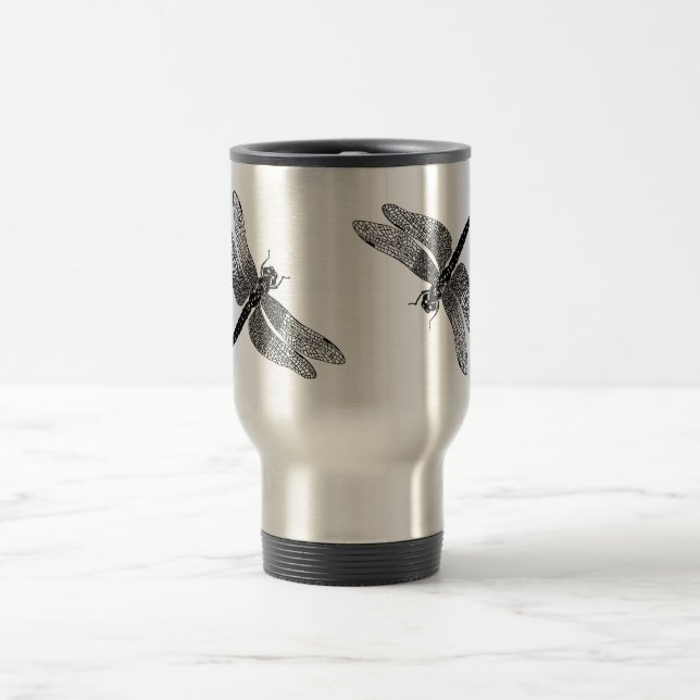Black Vintage Dragonfly Nature Art Travel Mug (Center)