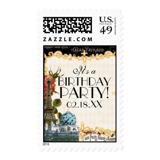 Black Vintage Eiffel Tower Rose Birthday Parties Postage