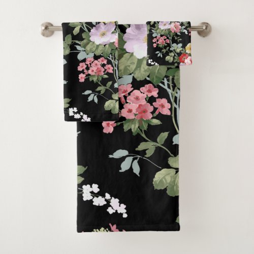 Black Vintage Floral Bath Towel Set