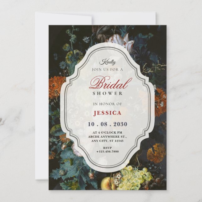 Black vintage floral bouquet art bridal shower invitation (Front)