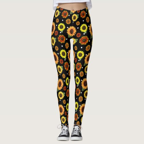 Black Vintage Floral Chic Sunflowers Polka Dots Leggings