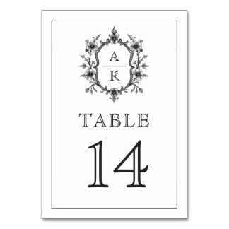 Black vintage floral crest and initials wedding table number