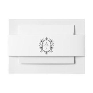 Black vintage floral crest with monogram wedding invitation belly band