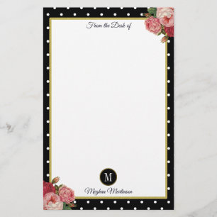 Black Vintage Floral Polka Dots Monogram Name Stationery