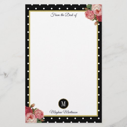 Black Vintage Floral Polka Dots Monogram Name Stationery